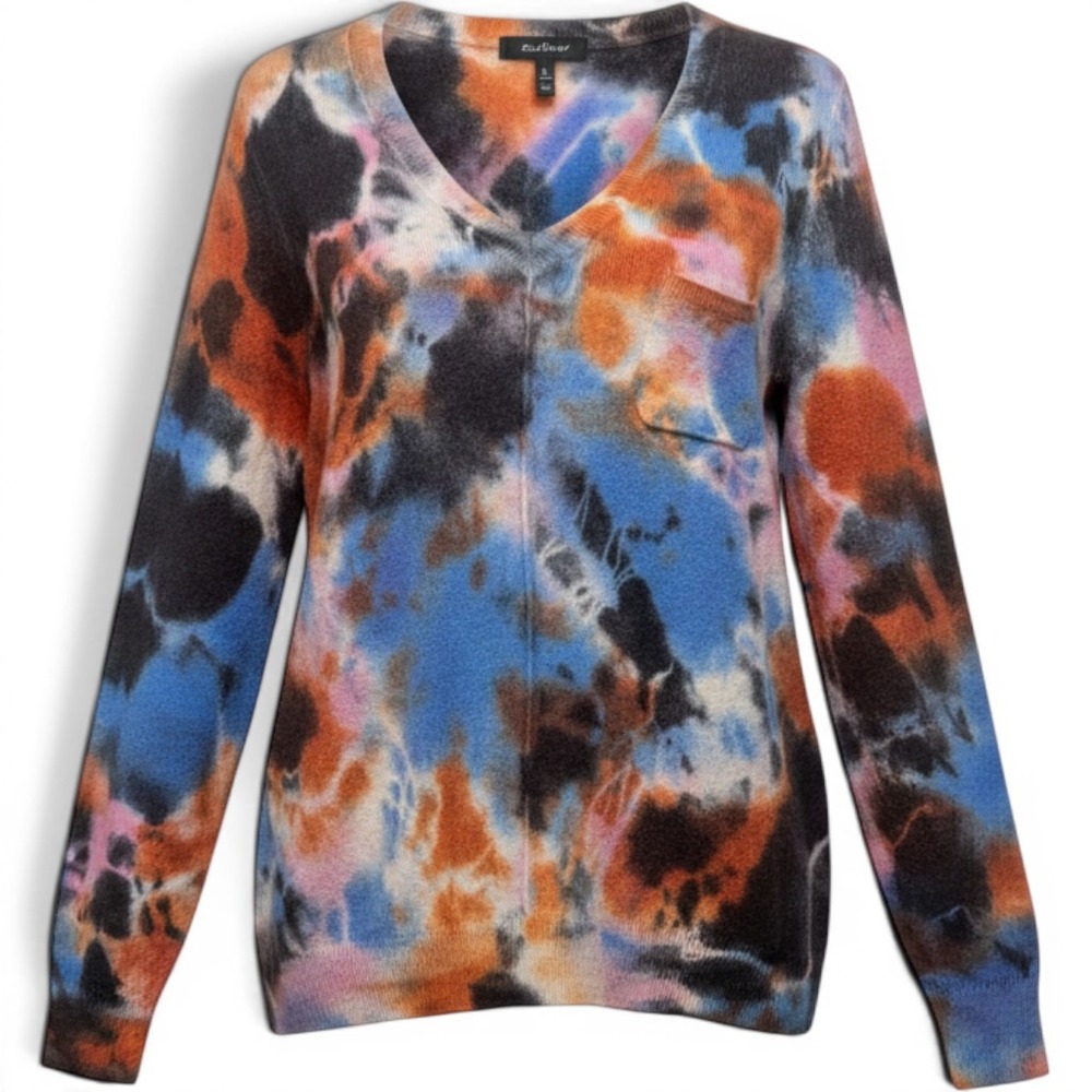 Zoe Couture Cashmere Sweater XS Blue Orange Tie Dye V Neck Hand Dye